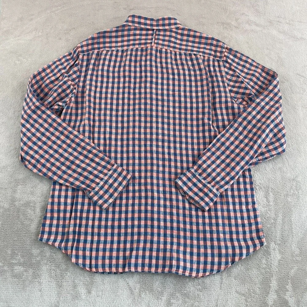 Banana Republic Shirt Men Large Blue Orange Check 100%‎ Linen Camden Fit Preppy